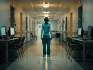 Verpleegkundige in scrubs staat alleen in een verlichte ziekenhuisgang met lege werkstations, symboliserend personeelstekort in de zorg.