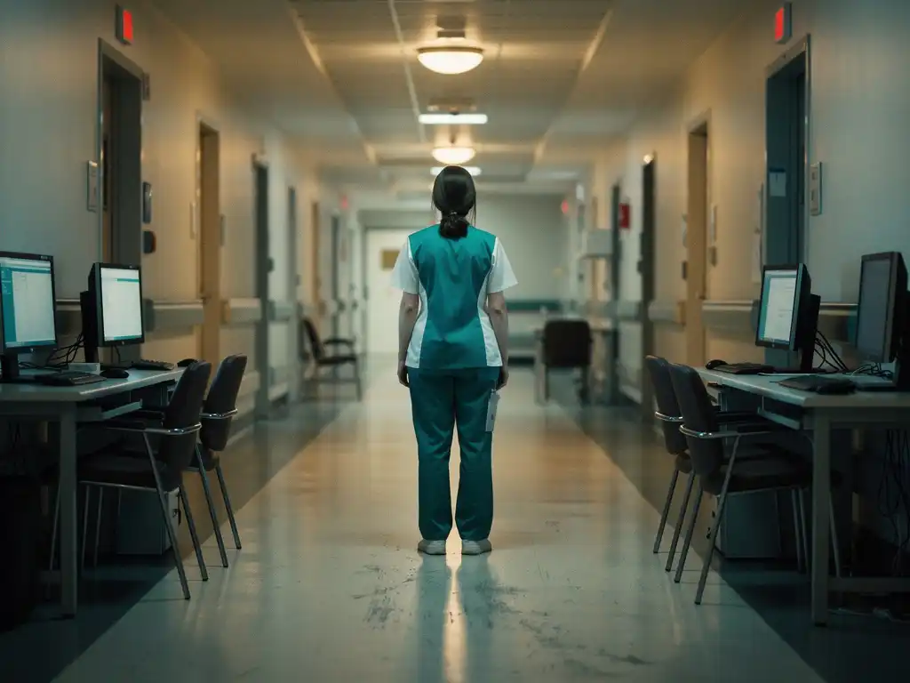 Verpleegkundige in scrubs staat alleen in een verlichte ziekenhuisgang met lege werkstations, symboliserend personeelstekort in de zorg.