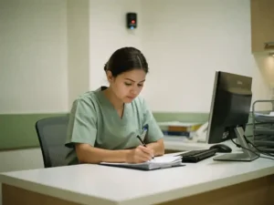 Uitgeputte verpleegkundige gebogen over papierwerk aan een verpleegpost, met een AI-camerasensor zachtjes oplichtend op de achtergrond.