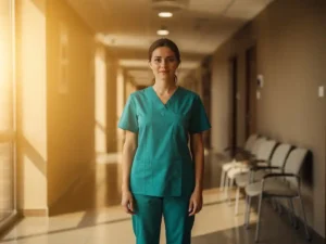 Verpleegkundige in scrubs staat zelfverzekerd in een moderne zorginstelling, lege stoelen op de achtergrond symboliseren personeelstekort.