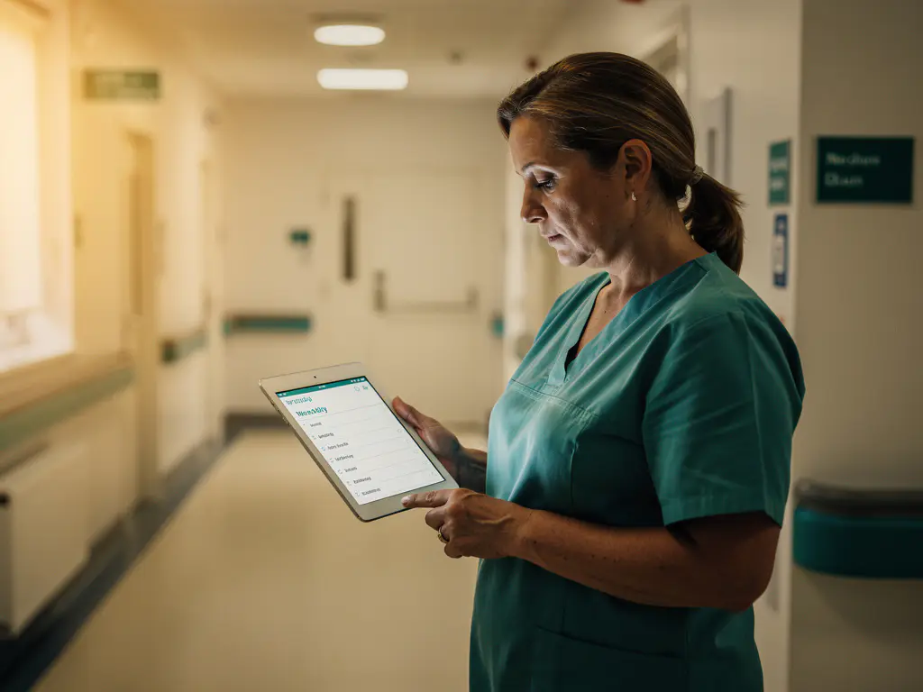 Verpleegkundige in zorginstelling bekijkt weekrooster op tablet in verlichte gang met rustgevende teal- en amberkleurige tinten.