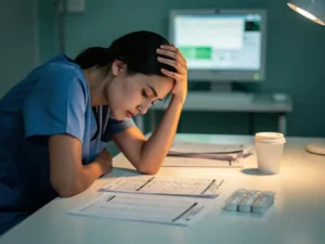 Uitgeputte verpleegkundige in blauwe scrubs voorovergebogen aan bureau met patiëntendossiers, koffiekopje en monitor op achtergrond.