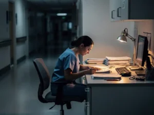 Uitgeputte verpleegkundige alleen aan rommelig verpleegpost bureau, hoofd gebogen over papierwerk, verlicht door warm bureaulampje in stille ziekenhuisgang.