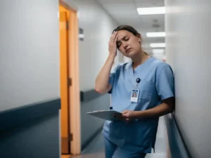 Uitgeputte verpleegkundige in scrubs leunt tegen ziekenhuismuur, ogen gesloten, hand tegen slaap, klembord in andere hand.