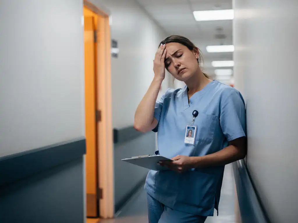Uitgeputte verpleegkundige in scrubs leunt tegen ziekenhuismuur, ogen gesloten, hand tegen slaap, klembord in andere hand.