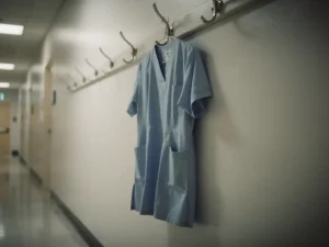 Verpleegstersuniformen aan een haak in een stille ziekenhuisgang, omringende haken leeg, zachte klinische verlichting en onscherpe achtergrond.