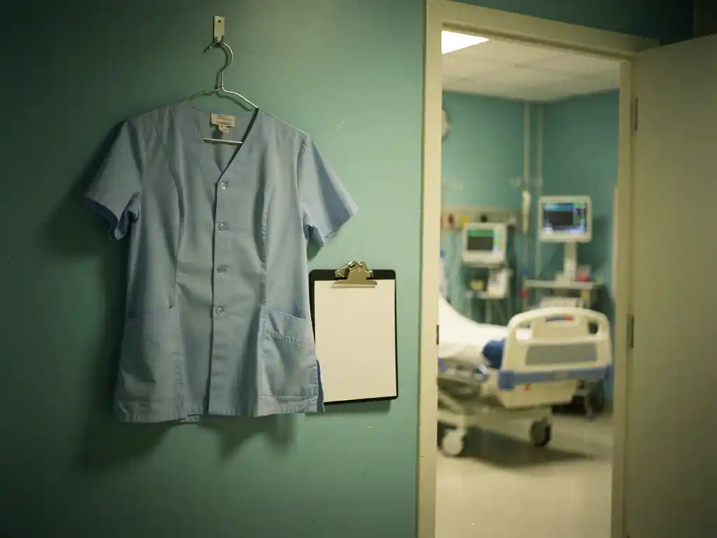 Leeg verpleegsteruniform hangend aan een haak naast een ziekenhuiskamerdeur, met een klembord tegen de muur.