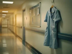 Leeg verpleegkundige uniform aan haak in ziekenhuisgang, personeelsbord met weinig naamplaatjes, symboliseert tekort aan zorgpersoneel.