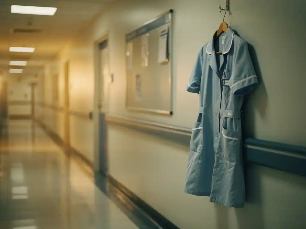 Leeg verpleegkundige uniform aan haak in ziekenhuisgang, personeelsbord met weinig naamplaatjes, symboliseert tekort aan zorgpersoneel.