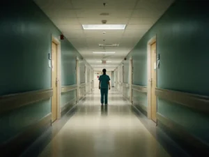 Verpleegkundige in scrubs aan het einde van een verlichte, lege ziekenhuisgang, benadrukt personeelstekort in de zorg.