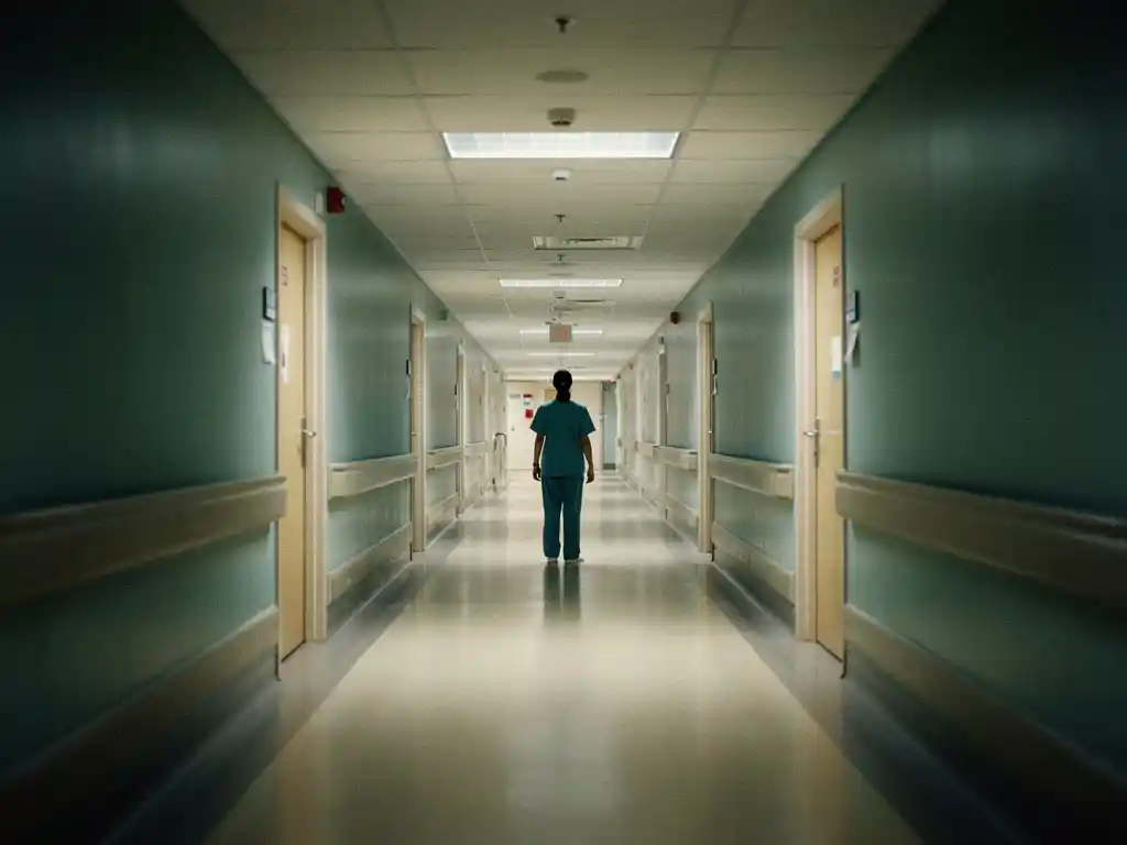 Verpleegkundige in scrubs aan het einde van een verlichte, lege ziekenhuisgang, benadrukt personeelstekort in de zorg.