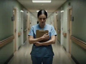 Verpleegkundige in scrubs met klembord tegen haar borst in een lange, lege gang van een zorginstelling.