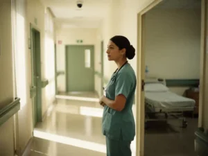 Verpleegkundige in scrubs die nadenkend pauzeert in een zachtverlichtte gang van een verzorgingstehuis, bewakingscamera zichtbaar aan het plafond.