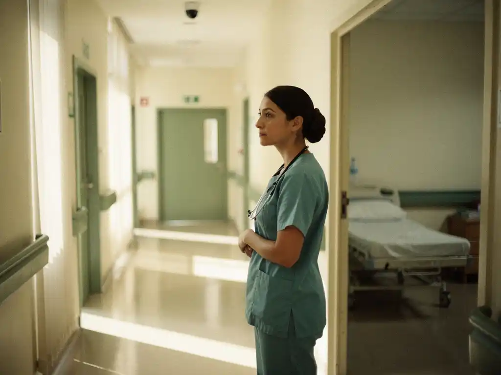 Verpleegkundige in scrubs die nadenkend pauzeert in een zachtverlichtte gang van een verzorgingstehuis, bewakingscamera zichtbaar aan het plafond.