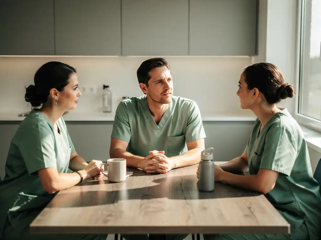 Zorgmanager in gesprek met twee verpleegkundigen aan een tafel in de personeelsruimte van een zorginstelling.