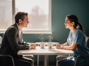 Zorgmanager en verpleegkundige in open gesprek aan tafel in personeelsruimte, dampende koffiekopjes op tafel, warm natuurlijk licht.