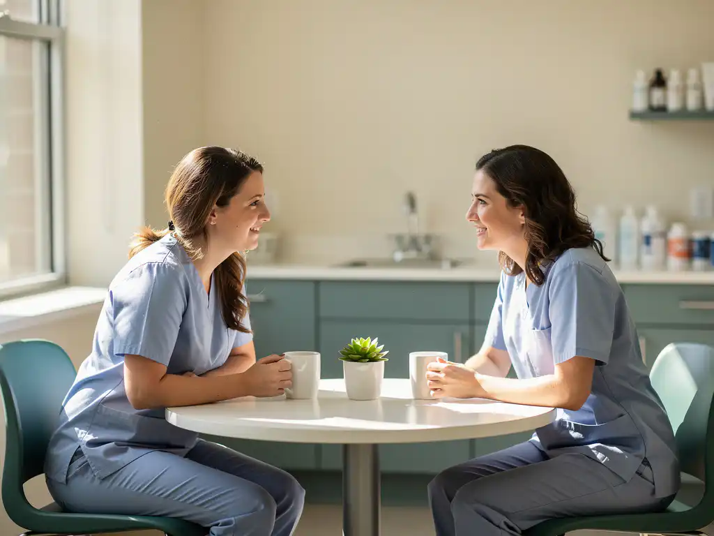 Zorgmanager en verpleegkundige in gesprek over koffie in een lichte klinische pauzeruimte met natuurlijk daglicht.