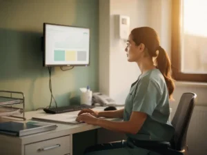 Ontspannen zorgverlener in scrubs bekijkt bewakingsdashboard op verpleegpost in warm, zacht verlicht kantoor.