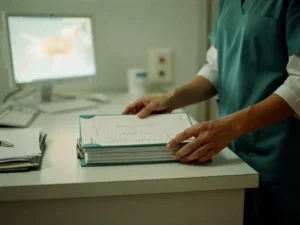 Zorgmedewerker ordent patiëntendossiers op een ziekenhuisbalie, met een geopende map als centraal aandachtspunt en een monitor op de achtergrond.