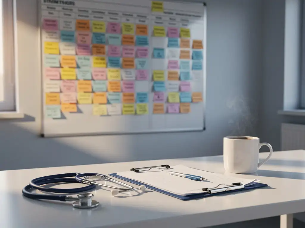 Zorgteam-whiteboard met kleurgecodeerde planbriefjes en dienstroosters, stethoscoop en klembord op bureau met dampende koffie.