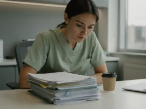 Vermoeide zorgverlener aan klinisch bureau, gebogen over patiëntendossiers met koffiekopje, zichtbare werkstress in gezondheidszorg.