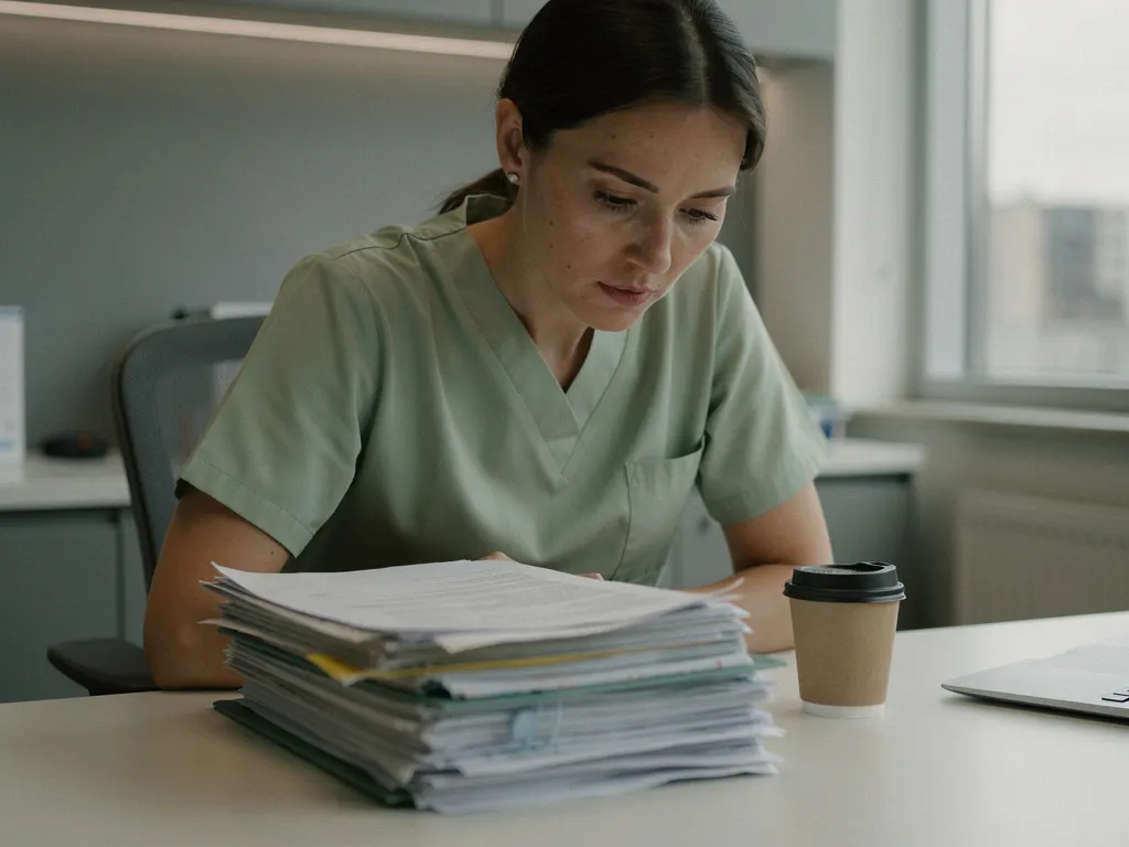 Vermoeide zorgverlener aan klinisch bureau, gebogen over patiëntendossiers met koffiekopje, zichtbare werkstress in gezondheidszorg.