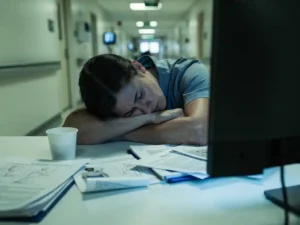 Uitgeputte zorgverlener slaapt op bureau tussen patiëntendossiers en koffiekop, blauw monitorlicht, ziekenhuisgang op achtergrond.