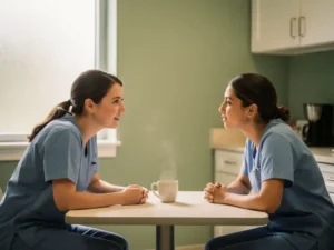 Twee zorgverleners in gesprek in een ziekenhuispauzeruimte, met een dampende kop koffie op tafel en zacht natuurlijk licht.
