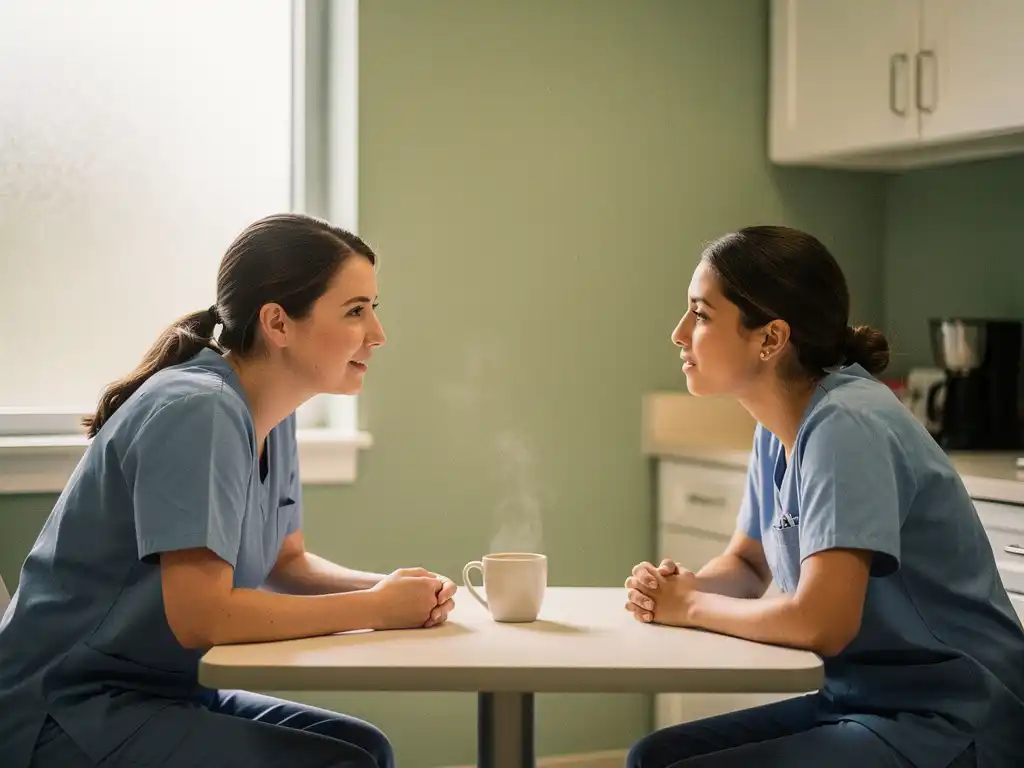 Twee zorgverleners in gesprek in een ziekenhuispauzeruimte, met een dampende kop koffie op tafel en zacht natuurlijk licht.