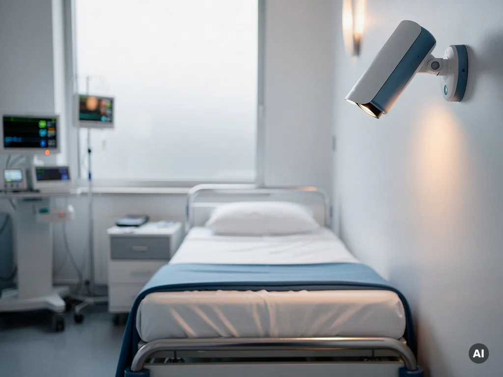 AI-bewakingscamera aan ziekenhuismuur boven leeg patiëntenbed, medische apparatuur op de achtergrond, klinisch wit en staalblauwe tinten.
