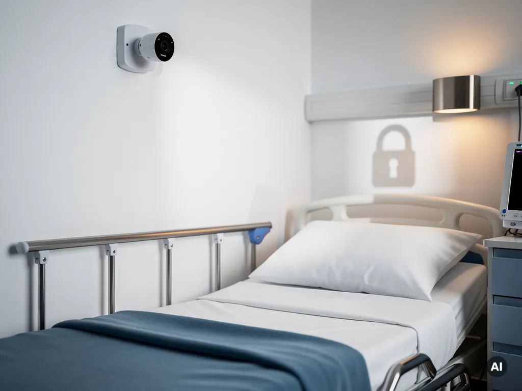 Beveiligingscamera boven een ziekenhuisbed in witte klinische ruimte, zacht omgevingslicht met stalen blauwtinten en warme accenten.