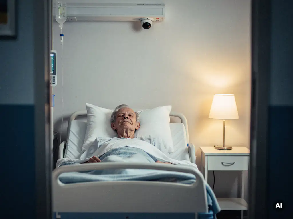 Oudere patiënt in ziekenhuisbed met plafondcamera voor bewaking, zachte blauwe en witte tinten, warm nachtkastlampje.