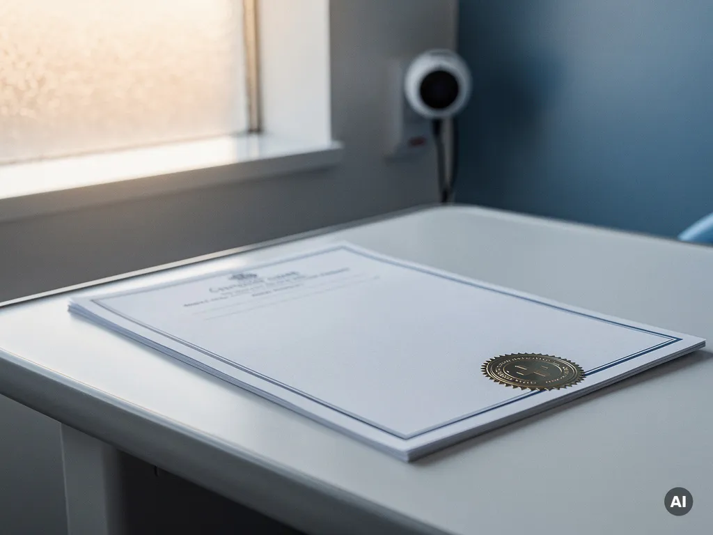 Medisch certificaat met officieel reliëfzegel op ziekenhuisnachtkastje, wand camera zichtbaar op de achtergrond, klinische sfeer.