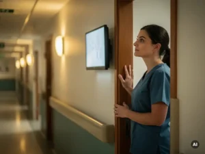 Verpleegkundige in scrubs bij een verlichte monitorscherm in een zorghuisgang, hand op de deurpost van een patiëntenkamer.