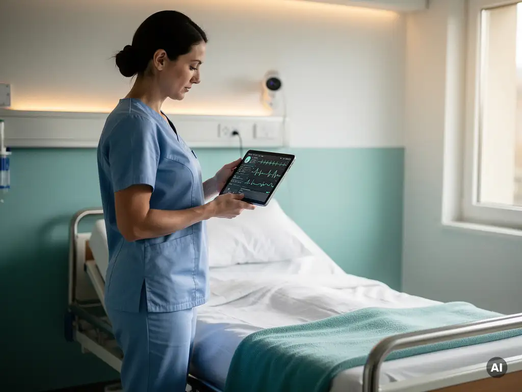 Verpleegkundige bekijkt patiëntmonitoringdata op tablet naast ziekenhuisbed met discrete bewakingscamera aan de muur.