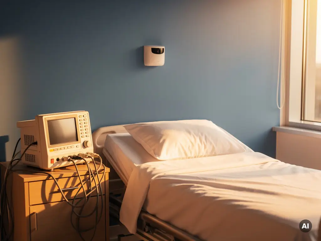 Ziekenhuiskamer met verouderd patiëntmonitor naast een moderne AI-camera aan de muur, leeg bed, ochtendlicht.