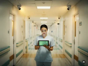 Verpleegkundige bekijkt tablet met groene statusmeldingen in ziekenhuisgang met plafondcamera's voor patiëntmonitoring.