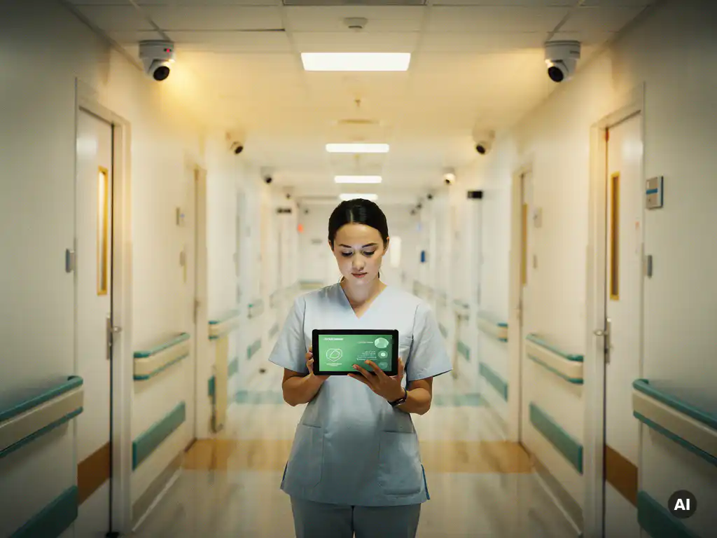 Verpleegkundige bekijkt tablet met groene statusmeldingen in ziekenhuisgang met plafondcamera's voor patiëntmonitoring.