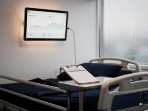 Ziekenhuismonitor met patiëntgegevens naast een ziekenhuisbed, klembord met zorgmetrics op het nachtkastje, klinische witte kamer.