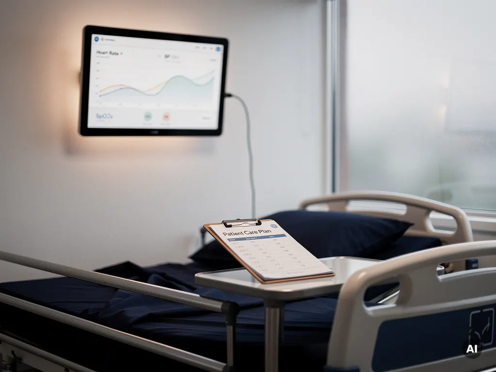Ziekenhuismonitor met patiëntgegevens naast een ziekenhuisbed, klembord met zorgmetrics op het nachtkastje, klinische witte kamer.
