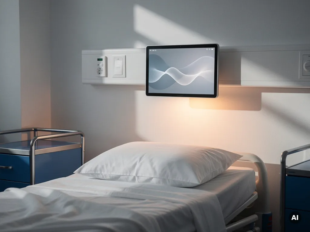 Wandgemonteerde monitoringtablet in een moderne ziekenhuiskamer met opgemaakt patiëntenbed en zacht omgevingslicht.