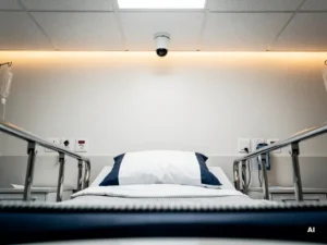 Plafondcamera boven een opgemaakt ziekenhuisbed in een rustige kamer met witte en marineblauw tinten en warm amberkleurig licht.