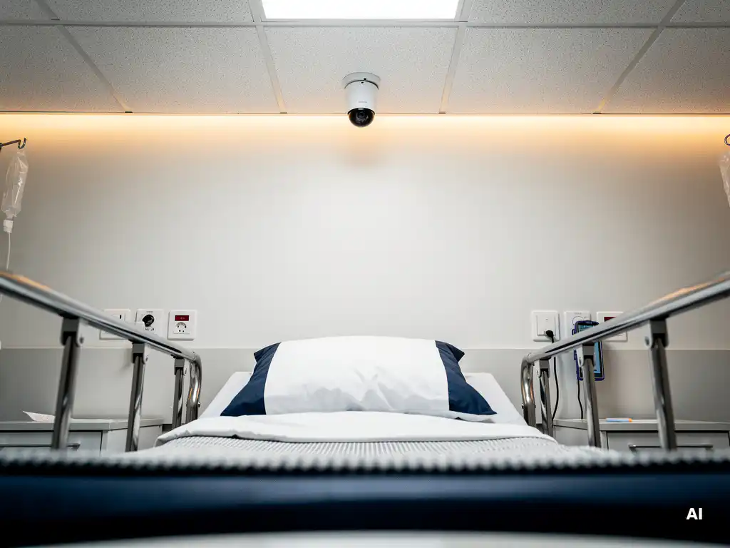 Plafondcamera boven een opgemaakt ziekenhuisbed in een rustige kamer met witte en marineblauw tinten en warm amberkleurig licht.