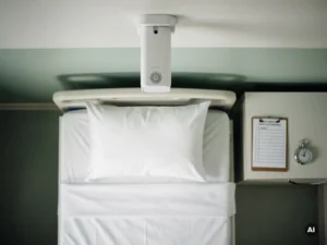 Klinische sensor op ziekenhuisplafond gericht op leeg zorgbed met witte lakens, klembord en stopwatch op nachtkastje.